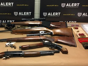 Over $2,600 in drugs and six firearms seized during traffic stop and warrant search in Lethbridge. | Contributed Photo / ALERT