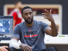 Patrick Patterson is interviewed during a Toronto Raptors practice at the BioSteel Centre in Toronto on March 15, 2017. (Ernest Doroszuk/Toronto Sun/Postmedia Network)