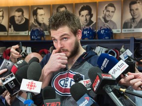 Montreal Canadiens' Alex Galchenyuk ponders a question as he meets with reporters on April 24, 2017 in Brossard, Que. (THE CANADIAN PRESS/Paul Chiasson)