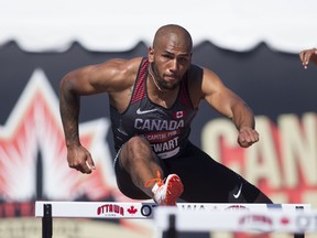 Taylor Stewart of London competes in the decathlon 110m hurdles at the Canadian Track and Field Championships in Ottawa on Wednesday. (Sean W. Burges/Special to Postmedia News)