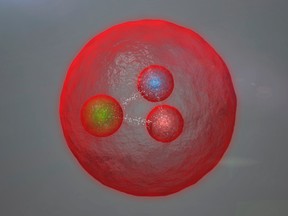 In this image provided by CERN, shows a artists conception of a new subatomic particle. Scientists at the Large Hadron Collider in Europe have discovered a new subatomic particle. It’s a long theorized but never-before-seen type of baryon. Baryons are subatomic particles made up of quarks. This particle is the first of its kind two have two heavy quarks, both a type called “charm.” (CERN via AP)