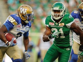 Winnipeg Blue Bombers defensive back Kevin Fogg eyes up Saskatchewan Roughriders linebacker Glenn Love during first half CFL action at the brand new Mosaic Stadium in Regina on Saturday, July 1, 2017. Fogg is out of the lineup for Friday's game with the Stampeders. Mark Taylor/THE CANADIAN PRESS