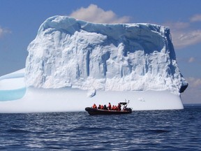 A tour boat cruises pass an iceberg off the coast of Bonavista, N.L. in this undated handout image. (Bob Currie/THE CANADIAN PRESS)