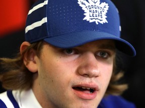 Timothy Liljegren is interviewed after being selected 17th overall by the Toronto Maple Leafs during the 2017 NHL Draft at the United Center on June 23, 2017. (Jonathan Daniel/Getty Images)