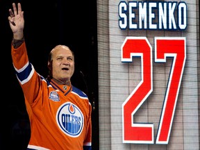 Former Edmonton Oilers player Dave Semenko takes part in a farewell ceremony, following the final NHL game at Rexall Place, in Edmonton Alta. on Wednesday April 6, 2016. Semenko died on June 29 of pancreatic cancer.