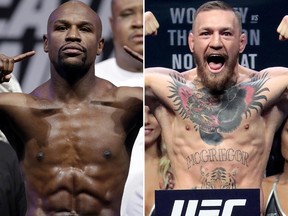 Floyd Mayweather Jr. (left) and Conor McGregor (right) will be in Toronto on July 12 to promote their boxing match next month. (AP Photos/Files)