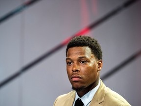 Toronto Raptors point guard Kyle Lowry looks on during a news conference in Toronto on July 7, 2017. (THE CANADIAN PRESS/Frank Gunn)