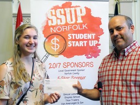 Jerry Sucharyna, an economic development analyst with Norfolk County, handed out $18,800 in seed money last year to 94 student start-up businesses. One of the recipients of a $200 cheque in 2017 was Alana Bridges of Delhi, to set up an interior design and home decor business.  MONTE SONNENBERG / SIMCOE REFORMER FILE PHOTO