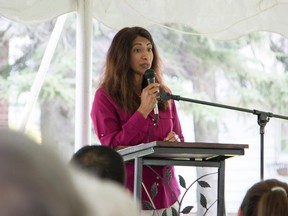 Taylor Bertelink/The Intelligencer 
Dipika Damerla, Minister of Senior Affairs speaks at the opening ceremonies at the event on Friday which commemorated the grand opening of the Heritage Series expansion.