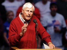 In this April 27, 2016, file photo, former Indiana basketball coach Bob Knight speaks during campaign stop for Republican presidential candidate Donald Trump in Indianapolis. (AP Photo/Darron Cummings, File)