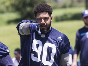 Argos defensive tackle Cleyon Laing at Argo practice in Toronto on July 5, 2017. (Craig Robertson/Toronto Sun/Postmedia Network)