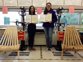 Algonquin Road Public School’s Health and Safety team, from left, Mya Sparling-Labonte and Alaina Charbonneau, received a congratulatory letter and certificate from the Minister of Labour. They earned bronze medals in the Skills Ontario Provincial Championships in Toronto. (SUPPLIED PHOTO)