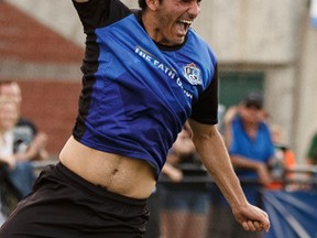 FC Edmonton midfielder Mauro Eustaquio celebrates a goal during the second half of a NASL soccer game against North Carolina FC at Clarke Stadium on Friday, July 7, 2017.