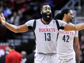 Houston Rockets guard James Harden (13) reacts to a foul in the second half of an NBA basketball game against the Memphis Grizzlies, Friday, Jan. 13, 2017, in Houston. Memphis won the game, 110-105. (AP Photo/Eric Christian Smith)