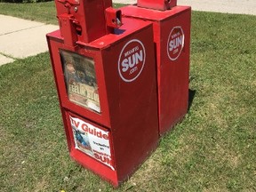 A Winnipeg Sun newspaper vending box in a file photo taken July 7, 2017. On July 7, 2017, Winnipeg police announced that they had arrested a 27-year-old man allegedly responsible a number of incidents where Winnipeg Sun newspaper boxes were being vandalized with total damage estimates exceeding $10,000. In total, 25 Winnipeg Sun boxes were damaged between April and July, 2017.  
GLEN DAWKINS/Winnipeg Sun/Postmedia Network