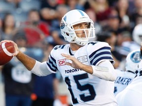 Toronto Argonauts quarterback Ricky Ray (15) throws the ball during the first half of CFL football action against the Ottawa Redblacks in Ottawa on Saturday, July 8, 2017. (Patrick Doyle, THE CANADIAN PRESS)
