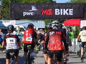 Cyclists take off to start  the PwC MS Bike fundraising ride on  Sunday July 9, 2017 in Picton, Ont. Tim Miller/Belleville Intelligencer/Postmedia Network