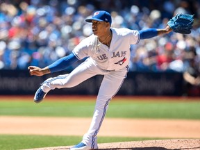 Toronto Blue Jays starting pitcher Marcus Stroman throws against the Houston Astros during the sixth inning of their American League MLB baseball game in Toronto on Saturday July 8, 2017.  (THE CANADIAN PRESS/Fred Thornhill)