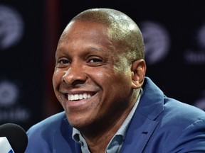 Toronto Raptors president Masai Ujiri smiles as he take parts in a news conference in Toronto on Friday, July 7, 2017. (Frank Gunn/THE CANADIAN PRESS)
