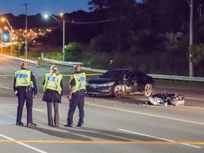 A woman was killed when the motorcycle she was driving collided with a car on Bayview Ave., south of the Evergreen Brickworks, on July 8, 2017. (Victor Biro photo)