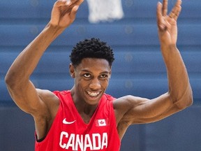 R.J. Barrett, 17, passes the ball to a teammate at the U19 basketball Canada practice in Mississauga, Ont., on Tuesday, June 20, 2017. (THE CANADIAN PRESS/Nathan Denette)