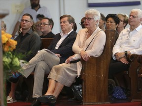 Toronto Mayor John Tory, former mayor Barbara Hall, Ontario NDP minister (R) Peter Tabuns and various city councillors and legislative people were on hand at the Metropolitan Community Church of Toronto on Simspon St. in Riverdale for Sunday mass and a dedication to the life of city councillor Pam McConnell on Sunday July 9, 2017. (Jack Boland/Toronto Sun)