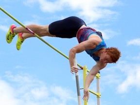 Shawn Barber clears the bar during men's pole vault competition to win gold at the Canadian Track and Field Championships in Ottawa, Sunday, July 9 2017. (Fred Chartrand/THE CANADIAN PRESS)