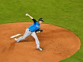 Cal Quantrill #48 of the San Diego Padres and the World Team delivers the pitch against the U.S. Team during the SiriusXM All-Star Futures Game at Marlins Park on July 9, 2017 in Miami, Florida. (Photo by Mark Brown/Getty Images)
