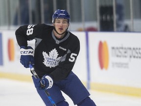 Fedor Gordeev skates with the puck at Leafs development camp at the MasterCard Centre. (CRAIG ROBERTSON/Toronto Sun)