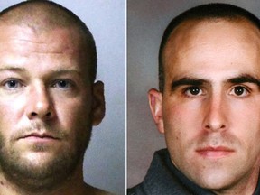 Justin Walters (left), a U.S. Army soldier, is charged with the killing of his wife, Nichole (not pictured), and State Trooper Joel Davis (right) on July 9, 2017. (New York State Police via AP)