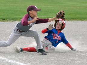 Caleb Templeman (right) of the Mitchell Mosquito OBA Astros slides safely into third base during round robin action last Friday against Tillsonburg, part of the 24-team Mosquito/Pee Wee tournament hosted by Mitchell minor baseball. Mitchell won easily, 17-0. ANDY BADER/MITCHELL ADVOCATE