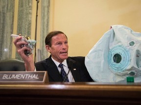 WASHINGTON, DC - JUNE 23: U.S. Sen. Richard Blumenthal (D-CT) holds up an airbag and inflator during a Senate Commerce, Science, and Transportation Committee hearing entitled Update on the Recalls of Defective Takata Air Bags and NHTSA's Vehicle Safety Efforts,' on Capitol Hill, June 23, 2015 in Washington, DC. (Drew Angerer/Getty Images)
