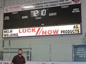 The annual adult 3-on-3 hockey tournament in Lucknow is now run by the Lucknow Lancers. The Lancers took over the tournament in 2015 from Lucknow Recreation Department's Mark Hackett and his brother. Over the eight years the brothers ran the tournament proceeds have gone right back into Lucknow Minor Sports. Hackett stands under one of the big buys from proceeds raised at the Annual Uncle Allan Murray 3-on-3 Hockey Tournament. (Ryan Berry/ Kincardine News and Lucknow Sentinel)