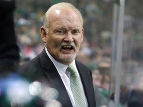 Lindy Ruff yells from the bench during an NHL game against the Winnipeg Jets Tuesday, Oct. 25, 2016, in Dallas. (AP Photo/LM Otero)