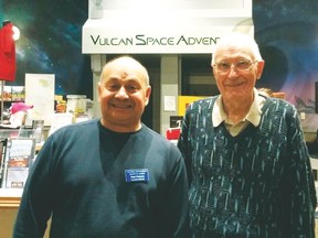 Neel Roberts, left, of the Calgary chapter of the Royal Astronomical Society of Canada is pictured here with Dr. Gordon Freeman, who gave a talk May 12 at the Vulcan Tourism and Trek Station on Canada’s Stonehenge, the Majorville Medicine Wheel.