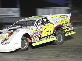 Defending series champ Phil Potts steers his No. 29 car to first place in last weekend's pro late models feature at Brighton Speedway. (Rod Henderson photo)