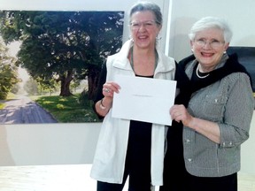 SUBMITTED PHOTO
Milford artist Susan Straiton (centre) receives her fifth People}s Choice Award at the close of Art in the County on Sunday. She is pictured with award sponsor Elizabeth Crombie (right) and Art in the County chairperson Annik Despres.