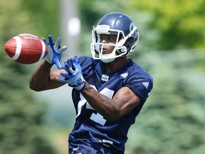 Toronto Argonauts receiver Llevi Noel WR hauls in a pass during a route during practice in Guelph on June 2, 2016. (Jack Boland/Toronto Sun/Postmedia Network)