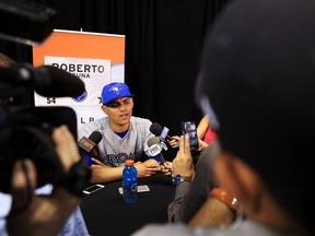 Roberto Osuna of the Toronto Blue Jays and the American League speaks with the media during Gatorade All-Star Workout Day ahead of the 88th MLB All-Star Game at Marlins Park on July 10, 2017. (Mike Ehrmann/Getty Images)