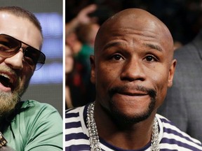 At left, in a July 7, 2016, file photo, Conor McGregor speaks during a UFC 202 mixed martial arts news conference, in Las Vegas. At right, in a Jan. 28, 2017, file photo, boxer Floyd Mayweather Jr. attends a fight in Las Vegas. (AP Photo/John Locher, File)