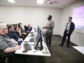 Training specialists Duplex Joseph and Jason Deley with Millennium 1 Solutions train some new recruits at the company's new location at 80 National street in Sudbury, Ont. on Thursday May 11, 2017. Gino Donato/Sudbury Star/Postmedia Network
