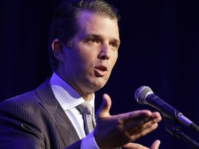 In this May 8, 2017 file photo, Donald Trump Jr. speaks in Indianapolis. President Donald Trump's eldest son acknowledged Monday, July 10, 2017, that he met a Russian lawyer during the 2016 presidential campaign to hear information about his father's Democratic opponent, Hillary Clinton. Darron Cummings/ Associated Press