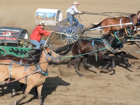 Chuckwagons race each other during the Whitecourt-Woodlands Rodeo at the Westward Community Centre on July 7 (Peter Shokeir | Whitecourt Star).