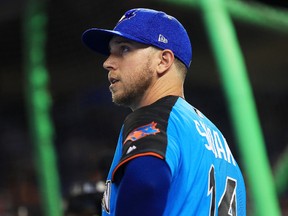 Justin Smoak of the Toronto Blue Jays and the American League warms up during batting practice for the 88th MLB All-Star Game at Marlins Park on July 11, 2017. (Mike Ehrmann/Getty Images)