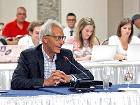 Peter Chirico, president and CEO of the North Bay & District Chamber of Commerce, speaks to the Ontario legislature's standing committee on finance and economic affairs in North Bay Tuesday regarding the proposed increase to the minimum wage. 
Gord Young/The Nugget