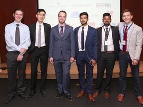 First-place Laurentian University students Liam Dunn, Justin So, Alex MacInnes, Muhammad Syed, Joshua Fortes and Adam Grinbergs.