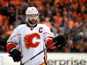 Mark Giordano #5 of the Calgary Flames looks on during the third period of Game Two of the Western Conference First Round against the Anaheim Ducks during the 2017 NHL Stanley Cup Playoffs at Honda Center on April 15, 2017 in Anaheim, California. (Photo by Sean M. Haffey/Getty Images)