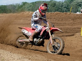 Dylan Wright, Honda Canada GDR Rox, in the second MX2 moto Sunday at Gopher Dunes. Wright finished third overall after 2nd and 4th place motos in Round 5 of the Rockstar Energy Drink Motocross Nationals. (Chris Abbott/Tillsonburg News)