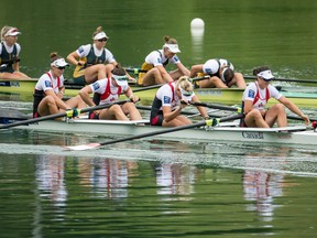 Hillary Janssens, Susanne Grainger, Christine Roper and Nicole Hare, from left, of Canada compete to place third at the Women's Four Final A at the rowing World Cup on Lake Rotsee in Lucerne, Switzerland, Sunday, July 9, 2017. (Alexandra Wey/Keystone via AP)