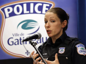 Andrée East, Gatineau police media relations officer, speaks at a news conference  on Wednesday.